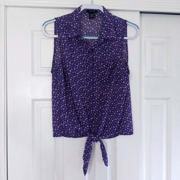 Timing Sheer Shirt Juniors L Large Button Down Sleeveless Blue Retro Floral Top - Picture 4 of 10
